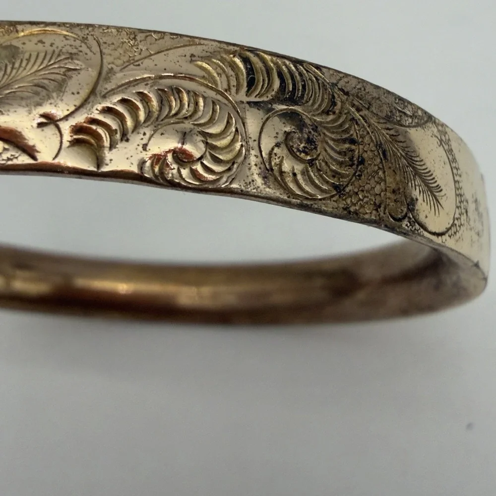 Victorian Gold Filled Floral Etched Bangle Bracelet Signed M&K  7